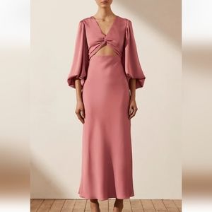 Shona Joy Cutout LUXE TWIST FRONT BALLOON SLEEVE MIDI DRESS Rose Pink 8